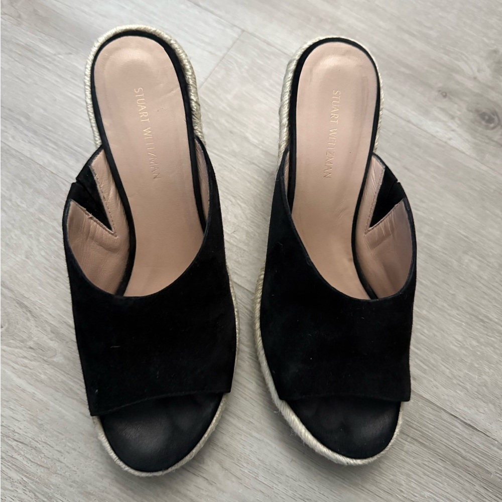 Stuart Weitzman Black Suede Espadrille Slides